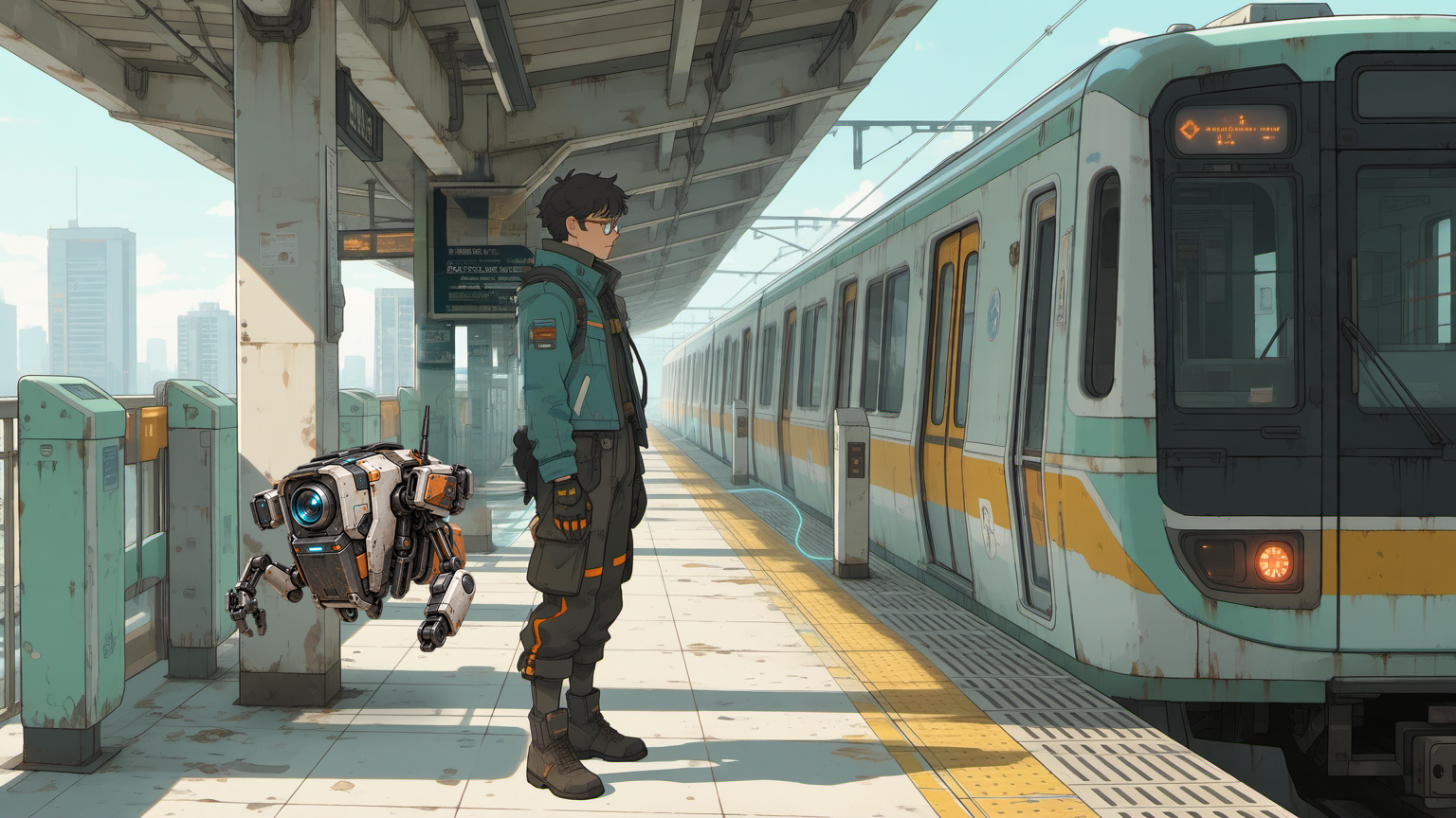 Level 7: Bix and canonical Pack beside an abandoned civic railway at sunrise, with Pack separated at a relay socket