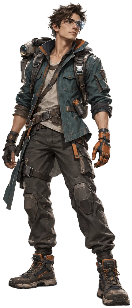 Bix, a tired technician in a teal jacket with a camera backpack and one orange robotic glove, standing with his gaze off to one side