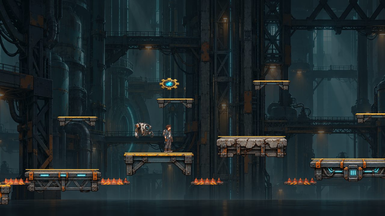 Level 1: Bix and Pack on a steel deck in a dark, teal-lit facility, with a spinning cog above them