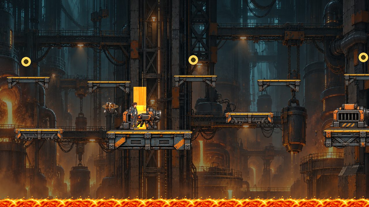 Level 2: Bix on a platform in a molten furnace hall, with a crawler robot and an orange vent blast