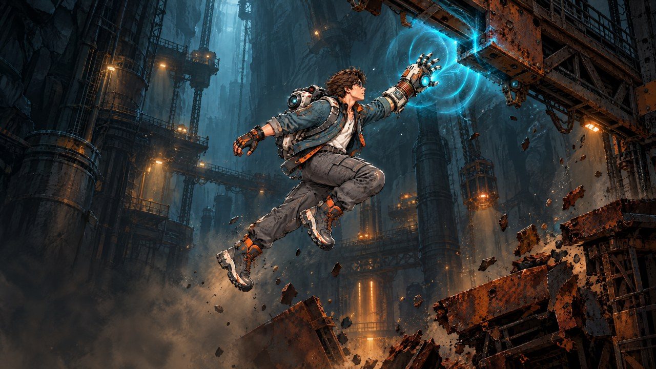 Level 3: Bix in a rusted mineral yard with a magnet glove, a yellow-striped steel deck and Pack beside him
