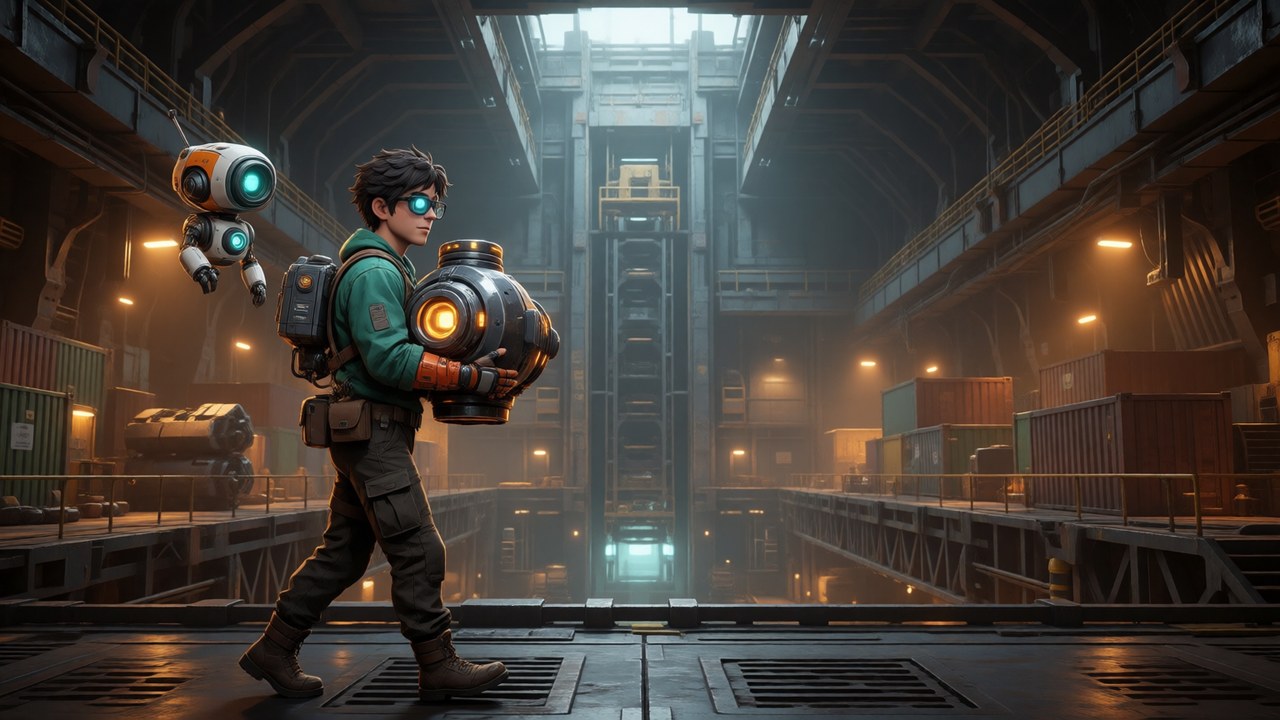 Level 4: Bix carries a glowing power core through a freight hall, with Pack floating beside him and the lift shaft glowing in the distance