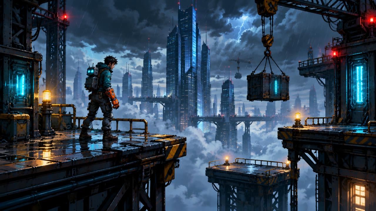Level 5: Bix on stormy high rooftops above an industrial city with cyan lightning, cranes and warning lights