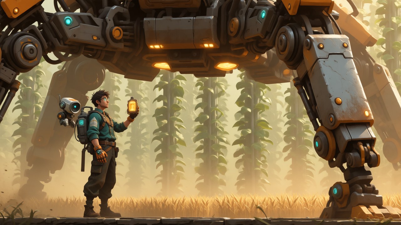 Level 6: Bix small beneath the legs of a colossal farm machine inside a dusty green agricultural dome, holding a glowing feed pod